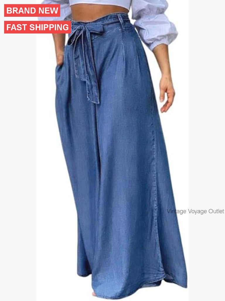 High Waist Wide Leg Denim Pants Tie Front Pleated Flowy Trousers